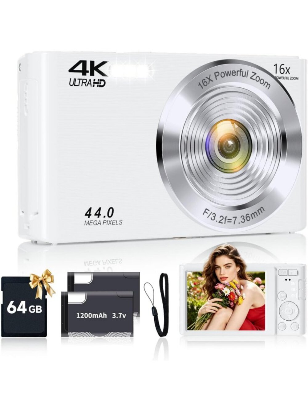4K 44MP Digital Camera for Teens - FHD, 16x Zoom, 64GB Card Included